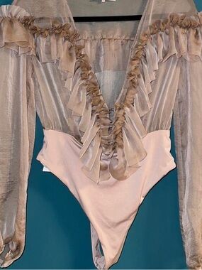 The Vintage Shop Beige Ruffled V-Neck Satin Bodysuit